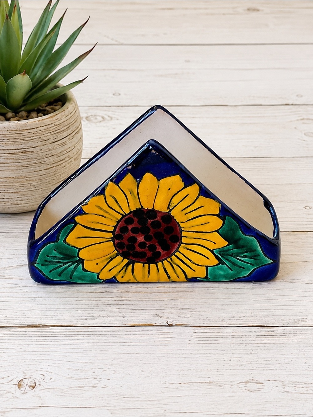 Mexican Talavera Pottery Sunflower Napkin Holder Signed Ulises